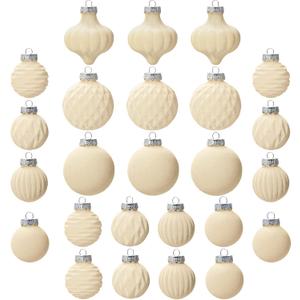 Christmas Tree Ornaments Velvet Balls - 25 pcs Flocked Cream Christmas Ornaments - Vintage Style Xmas Tree Ball Decor for Indoor Outdoor Holiday Decorating Shatterproof, Home, Office, Gift (Normal)