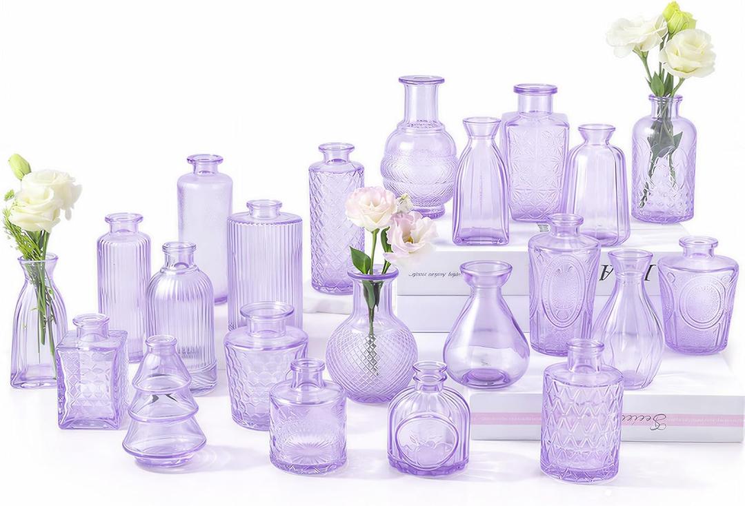 RUCKAE Purple Flower Vase in Bulk 22 Glass Bud Vases Vintage Small Vases for Centerpiece Table Wedding Decorations Home Decor Party (Purple 22 Pack)