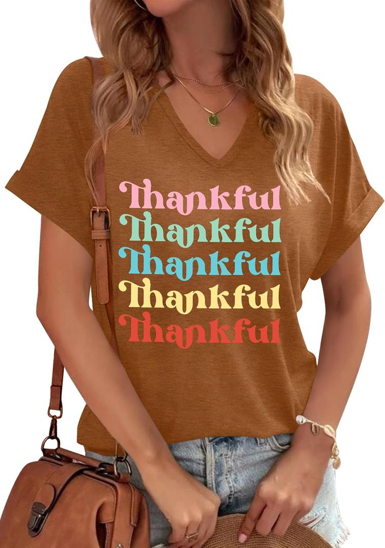 Thanksgiving Shirts for Women Thankful V Neck Shirt Family Thanksgiving Gifts Short Sleeve Tee Fall Top (Brown, S)