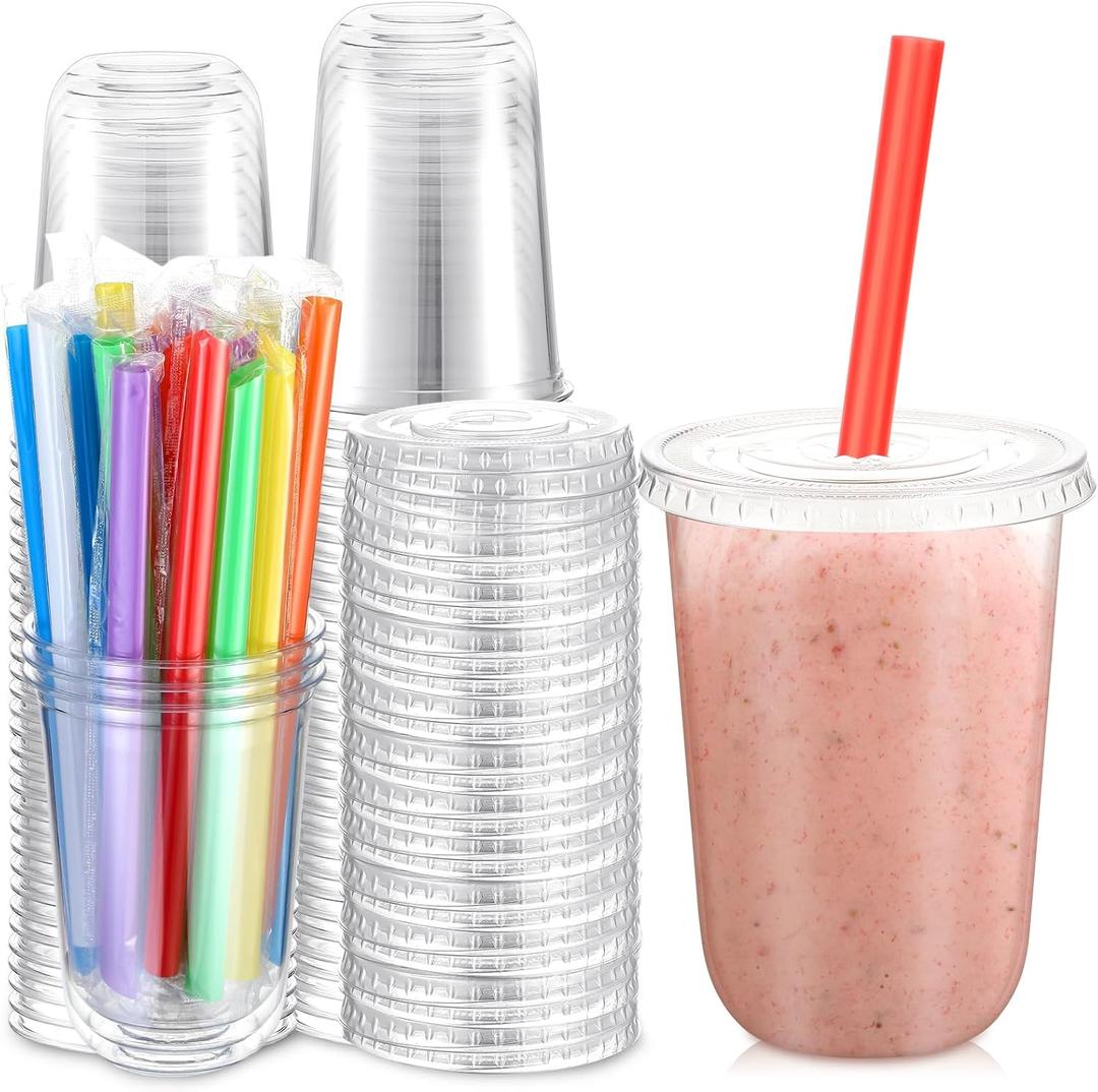 Ziliny 50 Sets Clear Cups with Lids and Jumbo Smoothie Straws Disposable Plastic Cups for Smoothies, Bubble Milk Tea, Milkshakes, Cold Drinks (16 oz)