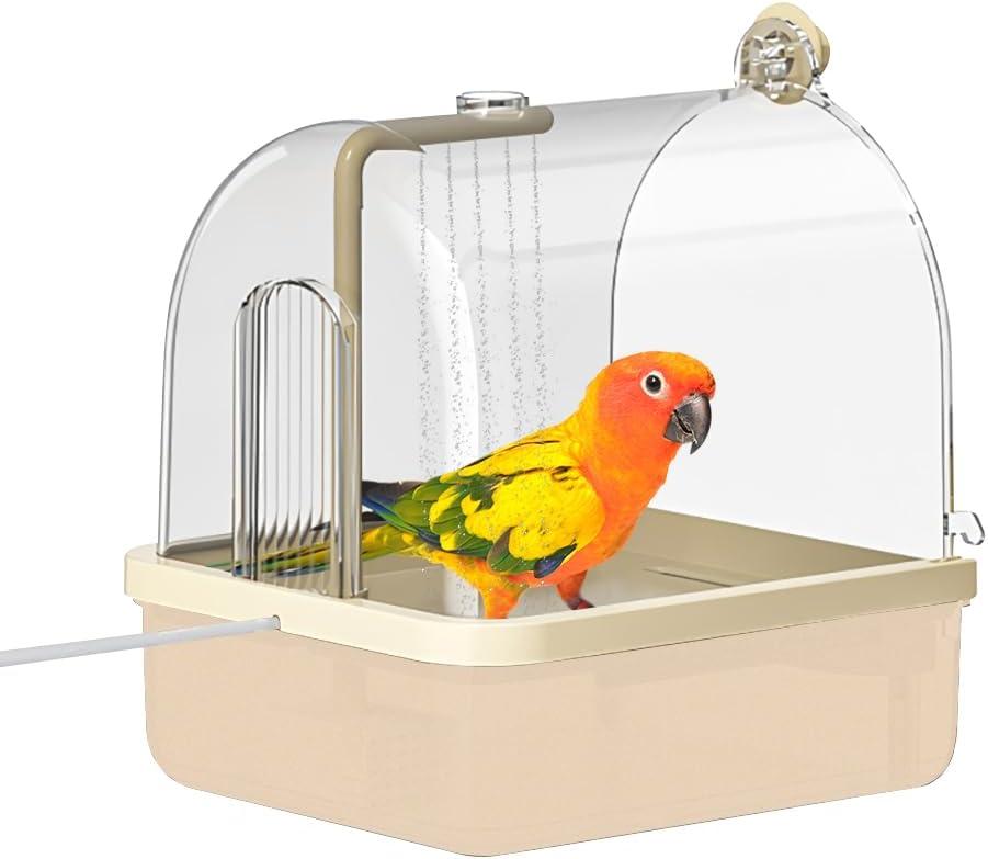 Bird Bath for Cage, Automatic Parakeet Bath with Pump, Indoor Bird Shower with Running Water, Filter, Bird Cage Accessory for Pet Birds, Lovebirds, Finches, Cockatiel (Light Brown)