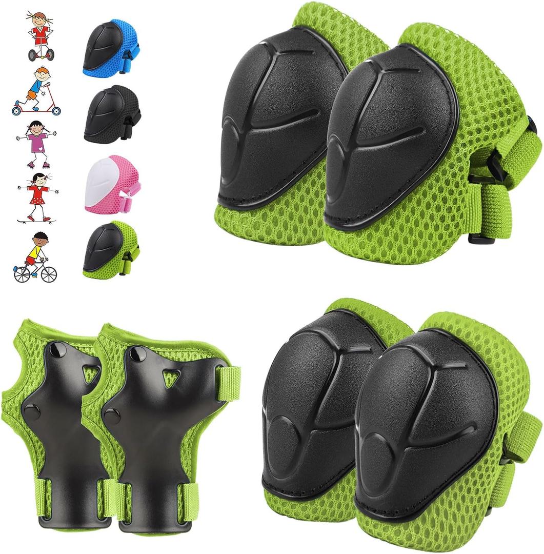 6PCS Kids Protective Gear Set, Knee Pads for Kids 3-10 Years Old, Toddler Elbow Pads, Wrist Guards, Skating Cycling Bike Rollerblading Scooter, Upgraded & Durable Material, Boys, Girls, Youth, Green
