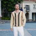 Ryehack Mens Casual Polo Shirts Knit Long Sleeve Vintage Striped Button T-Shirt Slim Fit Golf Vacation Shirt (L)