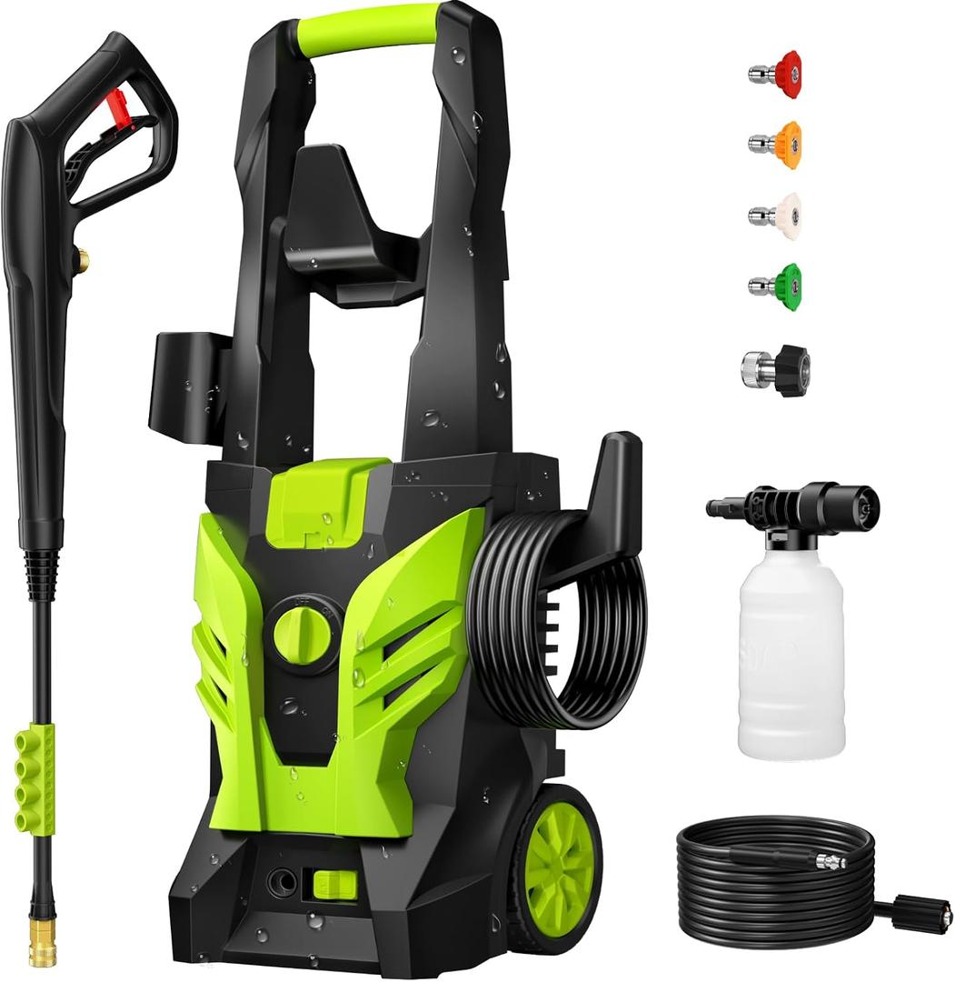 Pressure Washer, Power Washer with 4 Quick Connect Nozzles 1 Foam Cannon, High Pressure Cleaning Machine for Cars/Fences/Driveways/Patios/Farms/Home Cleaning(Bright Green)