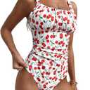 Women's Boho Floral Print One Piece Swimsuit Y2K Bathing Suits Swimwear Beachwear (Large, Red Cherry)