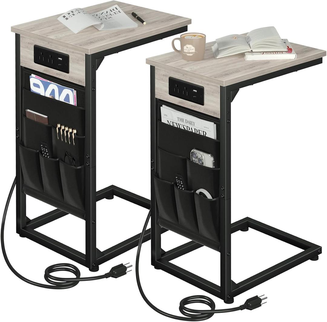 AMHANCIBLE C Shaped End Table with Charging Station, TV Tray Set of 2, Couch Tables with Storage Bag, Slide Under Sofa Side Table with USB Ports and Outlets for Living Room, Black