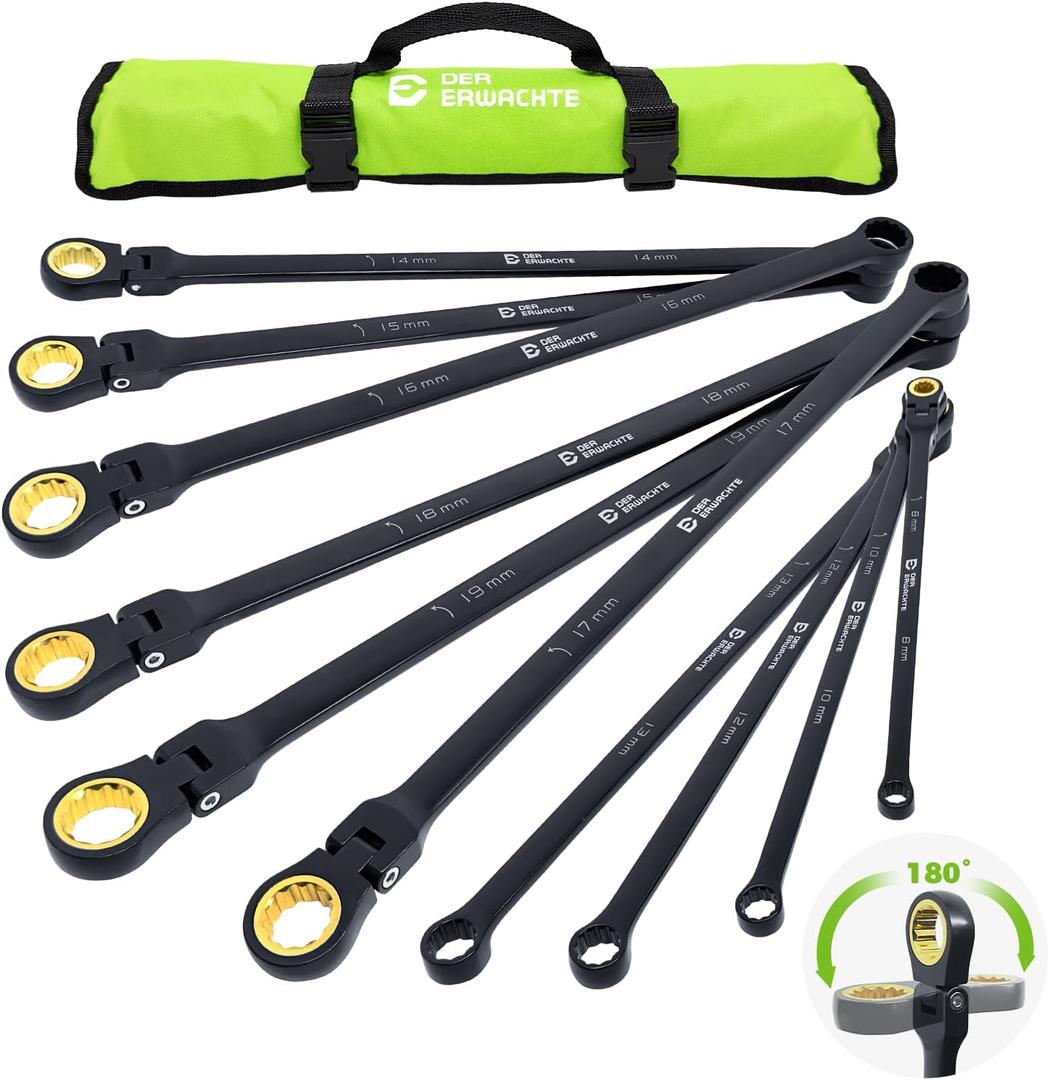 Der Erwachte Extra Long Ratchet Wrench Set, 10 Piece Bendable and Fixed Offset Head, Double-ended Torx Wrench, Metric 8-19mm, 72 Teeth Chrome Vanadium Steel Black Electroscopic Coating with Roll Bag