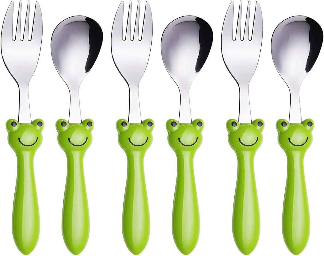 ANNOVA Kids Silverware 6 Pieces Set Children's Flatware - Stainless Steel Cutlery - 3 x Safe Forks, 3 x Dinner Spoons - Safe Toddler Utensils Without Knives for Lunch Box BPA Free (Frog x 6 PCS)