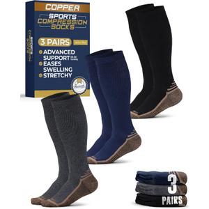 Pembrook 3 Pairs Copper Compression Socks for Men 20-30 mmHg, Support for Running Athletic Cycling Hiking, Good for Edema and Varicose Veins Black, Dark Gray, Navy