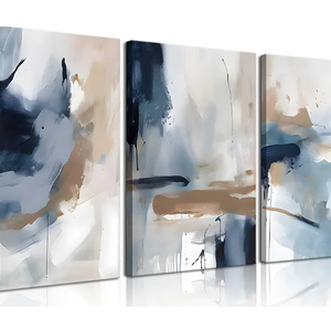 3Pcs Framed Navy Blue Wall Art Abstract Modern Brown Watercolor Canvas Posters Prints Minimalist Neutral Wall Decor Pictures for Living Room Bedroom Home Decoration 16x24in