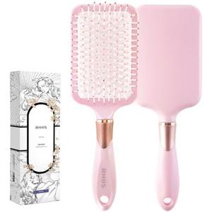 RHOS Paddle Brush for Women & Men - Detangler for Thick, Curly, Long, Wet & Dry Hair - Nylon Bristles Square Cushion Brush for Smoothing and Detangling (1 Pack - Pink)