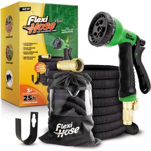 Flexi Hose PLUS with 8 Function Nozzle Expandable Garden Hose, Lightweight & No-Kink Flexible Garden Hose, 3/ 4 inch Solid Brass Fittings and Double Latex Core, 100 ft Black