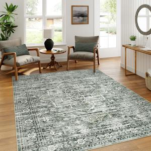 Lahome Oriental Washable Rugs 5x7,Soft Green Rugs for Bedroom Aesthetic,Ultra Thin Living Room Carpets, Boho Non Shedding Dining Room Rug for Under Table Office Dorm(5x7ft, Green)