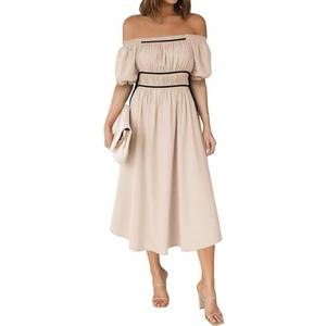 Wenrine Womens Off The Shoulder Midi Dress Summer Square Neck Puff Short Sleeve Casual Flowy A Line Beach Dresses, L