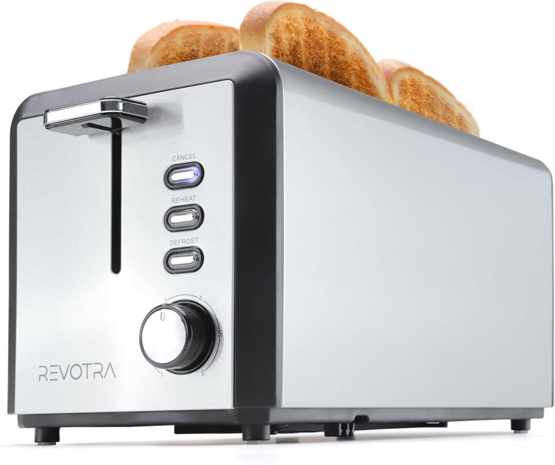 4 Slice Long Slot Stainless Steel Toaster with Extra Wide 1.5 Slots, 6 Shade Browning Settings, Defrost Reheat Cancel Functions, Even Toasting for Artisan & Sourdough Bread, Removable Crumb Tray (4 Pieces Regular Style)