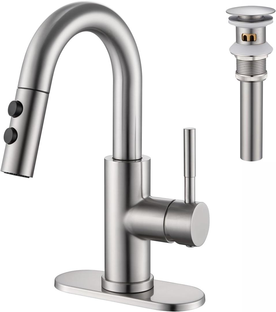 Bathroom Sink Faucet with Pull Down Sprayer, Brushed Nickel Single Handle Pull Out Faucet with Pop-Up Drain, 1 or 3 Hole Laundry Bar Basin Faucet with Deck Plate, KBL-7002BN-CL