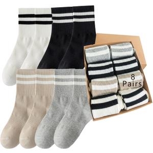Womens Vintage Cotton Cozy Crew Socks,Striped Athletic Casual Socks for Women 8 Pairs,Gifts Box