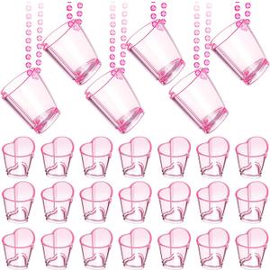 Sieral 24 Set Valentines Day Shot Glass on Beaded Necklace Bachelorette Pink Heart Shaped Shot Glasses Cute Plastic Cups Necklace Beaded Set for Birthday Wedding Party Favors Supplies Decorations