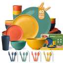 Teivio 40-Piece Kitchen Plastic Wheat Straw Dinnerware Sets for 4, Dinner Plates, Dessert Plate, Cups, Flatware, Dishwasher Safe, Colorful Unbreakable Apartment Outdoor RV Dishes, Autumn Multicolor