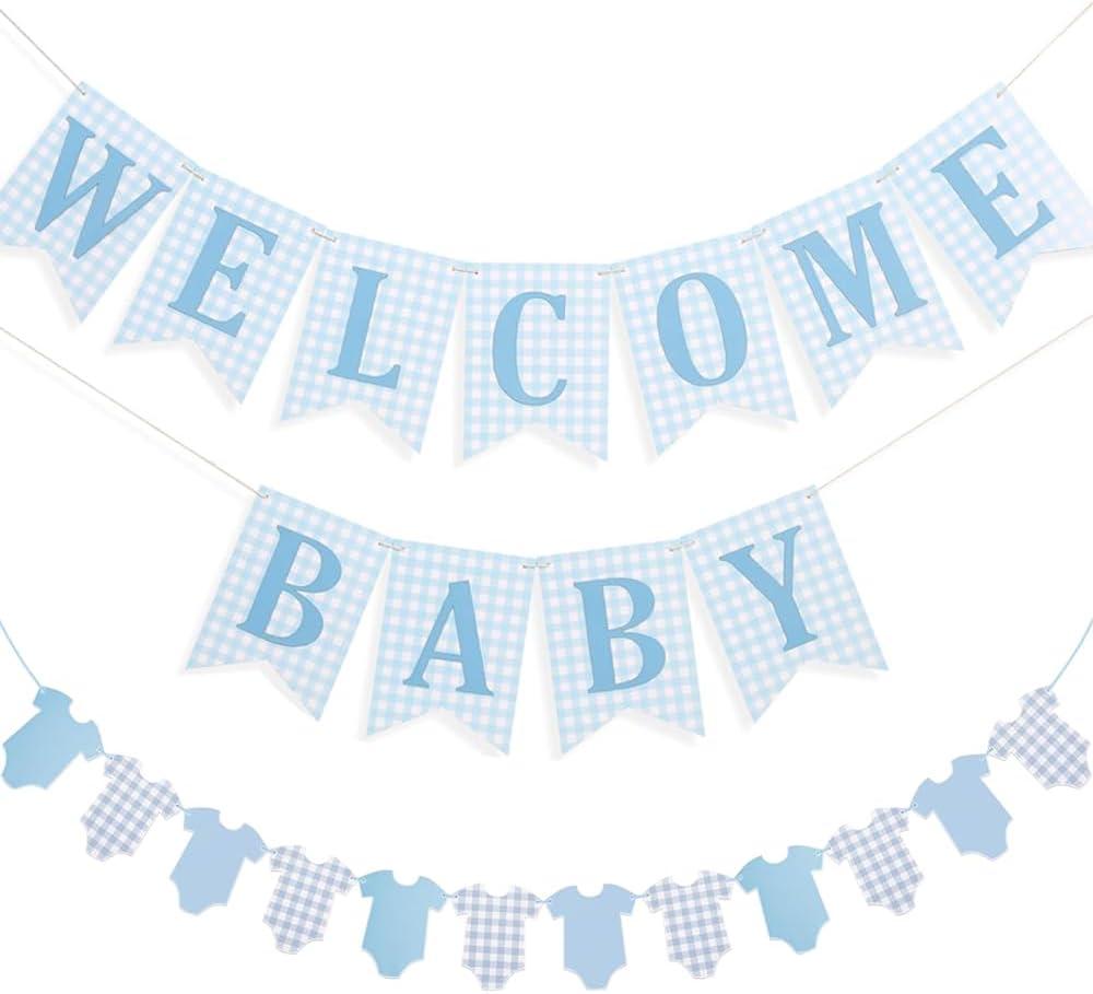 Baby Boy Baby Shower Banner, 2 PCS Pre-strung Blue Gingham Welcome Baby and Body Cloth Banner for Baby Boy Shower Party Decoration (Welcome Baby-Bodysuits)