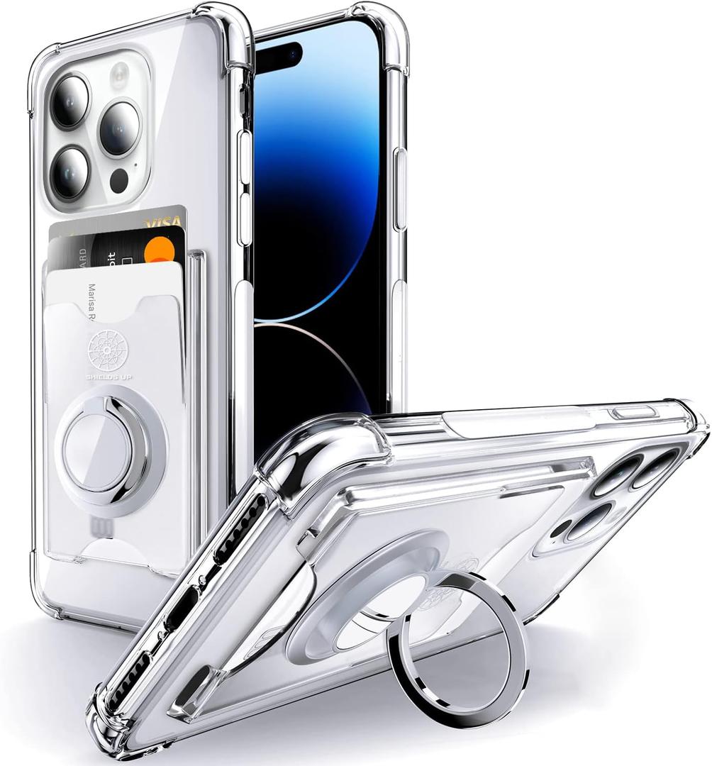 Shields Up Designed for iPhone 14 Pro Max Case, Minimalist Wallet Case with Card Holder (3 Cards) & Ring Kickstand/Stand, [Drop Protection] Slim Protective Cover for iPhone 14 Pro Max 6.7 inch, Clear