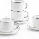 Tea Cups and Saucers with Silver Trim, 6.76 Ounce White Porcelain Tea Set & Coffee Cups for Latte, Cafe Mocha - Set of 4, Porcelain Mugs for Kitchen or Cafe (White and Silver)