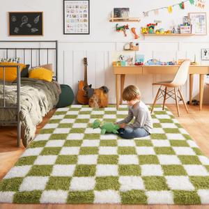 Fluffy Area Rug for Bedroom 5x7, Modern Indoor Shag Carpet, Soft Plush Non Slip Checkered Rugs for Living Room Kids Room Home Decor, Grass Green and White