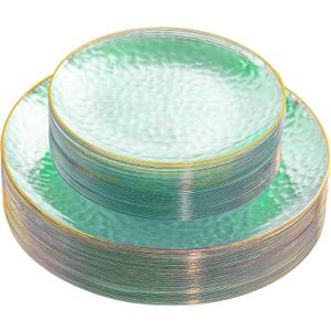 Rubtlamp 60 Green Plastic Plates, Hammered Clear and Gold Disposable Plates Include 30 Dessert Platos, 30 Dinner Platos for St. Patrick's Day