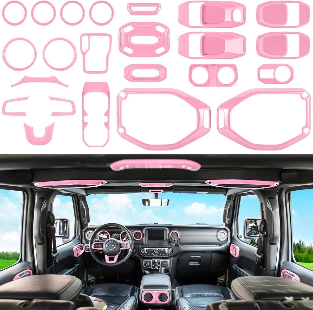 23PCS Full Set Interior Decoration Trim Kit for Jeep Wrangler JL JLU Gladiator JT 2018-2023 Steering Wheel Door Handle Air Conditioning Vent Cup Holder Reading Light Headlight Switch Gear Cover (Pink)