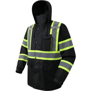 JKSafety Hi-Vis Reflective Safety Rain Jacket for Men Women Waterproof Rain Gears for Farming Fishing Work HV Rain Jacket with Inner Mesh Lining and Pockets (117A-Black XL)