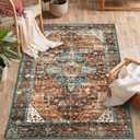 Moynesa Ultra-Thin Washable Vintage Area Rug - 3x5 Boho Non-Slip Entryway Rug Oriental Medallion Living Room Rug Entrance Mat Carpet for Kitchen Laundry Bathroom Bedroom, Brick Red/Dull Teal