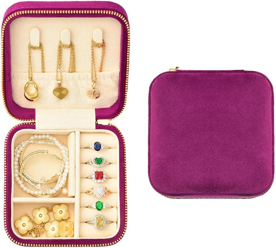 Travel Jewelry Case, Small Plush Velvet Jewelry Box for Women and Girls, Portable Jewelry holder organizer for Rings Earrings Necklaces Bracelets, Midnight Purple 