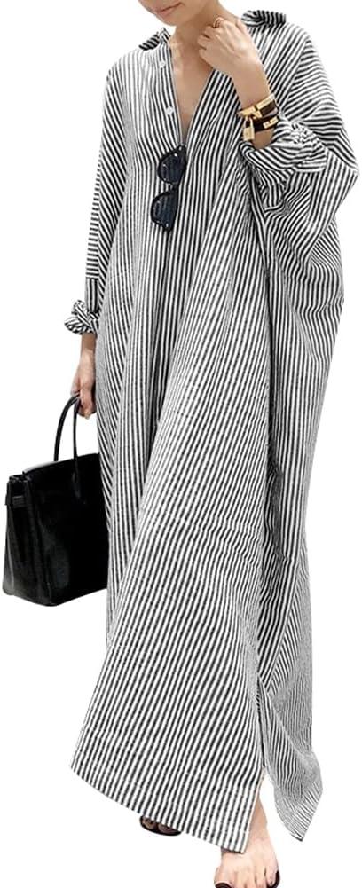 chouyatou Women's Casual Long Sleeve Button Down Loose Striped Cotton Maxi Shirt Dress (M)
