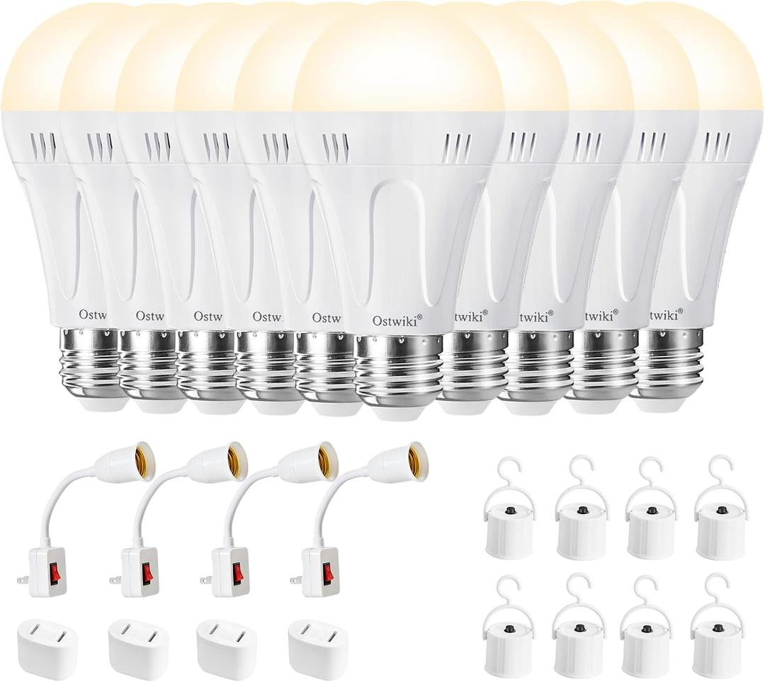 Ostwiki 10 Pack A19 Rechargeable Bulbs for Lamps Emergency Light Bulbs for Power Outage Hurricane Blizzard, E26 9W 3000K Warm Battery Backup LED Light Bulbs for Outdoor Camping Hiking