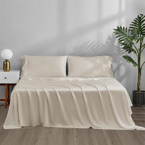 ACCURATEX Cooling Sheets Queen Size - 100% Viscose Made from Bamboo, Luxury Cool Silky Sheet Set for Queen Size Bed, Super Soft Breathable Bedding Sheets up to 16 inches Deep Pockets, Beige