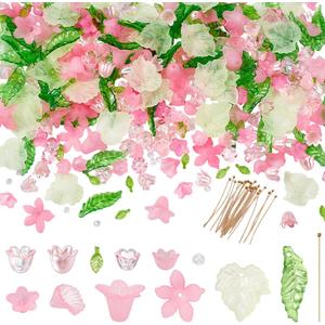 NBEADS 417 Pcs Acrylic Assorted Beads Kit, Frosted Flower Beads Caps Maple Leaf Acrylic Pendants Leaf Loose Beads Earring Making Kit with Faceted Glass Beads Brass Ball Pins for Jewelry Making