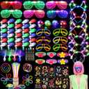 130PCS Glow in the Dark Party Supplies for Kids Adults, Light Up Party Favors with LED Glasses, Headbands, Finger Lights, Glow Sticks, Temporary Tattoos, Neon Face Body Paint for Halloween, Birthdays