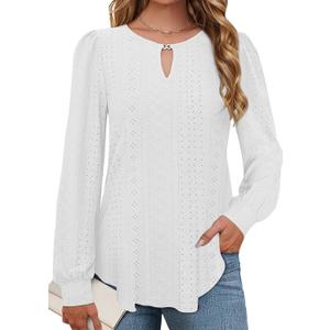 Womens Long Sleeve Eyelet Tops V Neck Fall Shirts Casual Loose Blouses (White, XL)