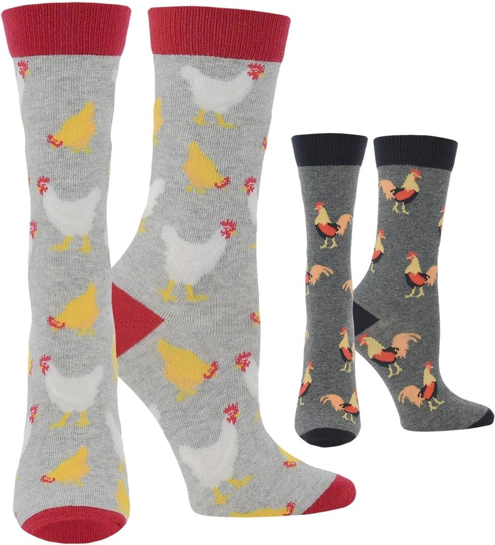 WHD Chicken Crew Socks for Women & Men | Grey Heather/Charcoal Heather, Medium | 2-Pack