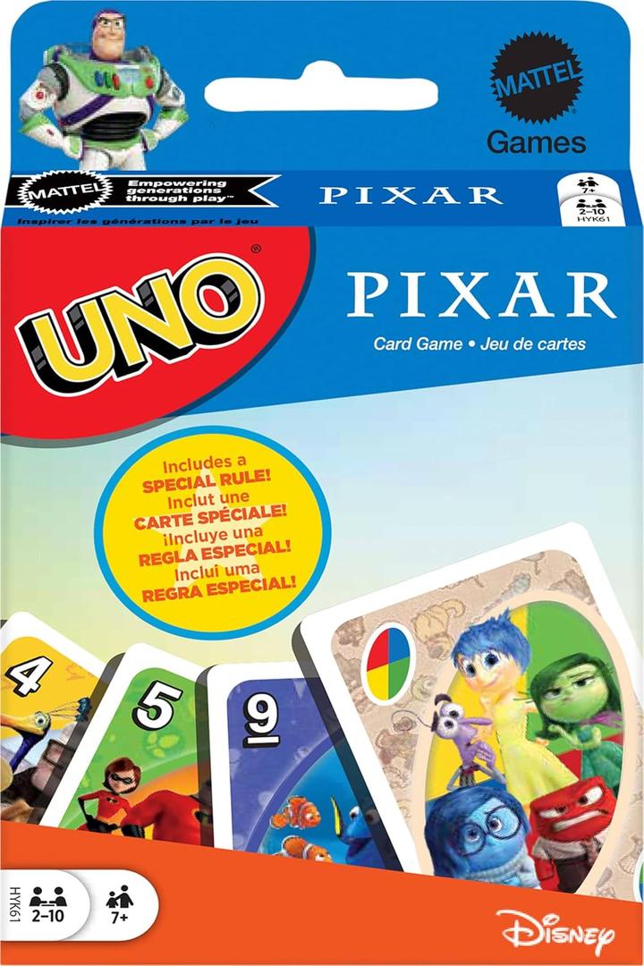 Mattel Games UNO Pixar Card Game for Kids, Adults & Family, Deck with Graphics & Rule Inspired by Movie Characters