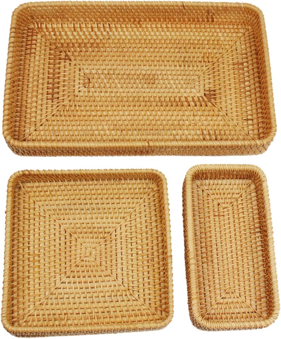 3Pcs Rattan Tray Set - Woven Basket Rectangle for Decoration, Storage, Serving Tray, Snack and Fruit Organizer
