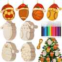 Novabright 24 Pcs Sport Ball Wooden Christmas Ornaments Unfinished, 4 Styles DIY Wood Slices Ornaments with Color Markers Ropes Christmas Tree Hanging Decoration to Paint for Sport Theme Craft Gifts