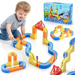 Electric Train Set for Kids 3 4 5 6 7 8, 3D Flexible Race Track 83 PCS Car Track for Toddlers 3-5, Magnetic Track Car Toys Gravity Defying Train Track Stem Learning Toy Gift Cube Track