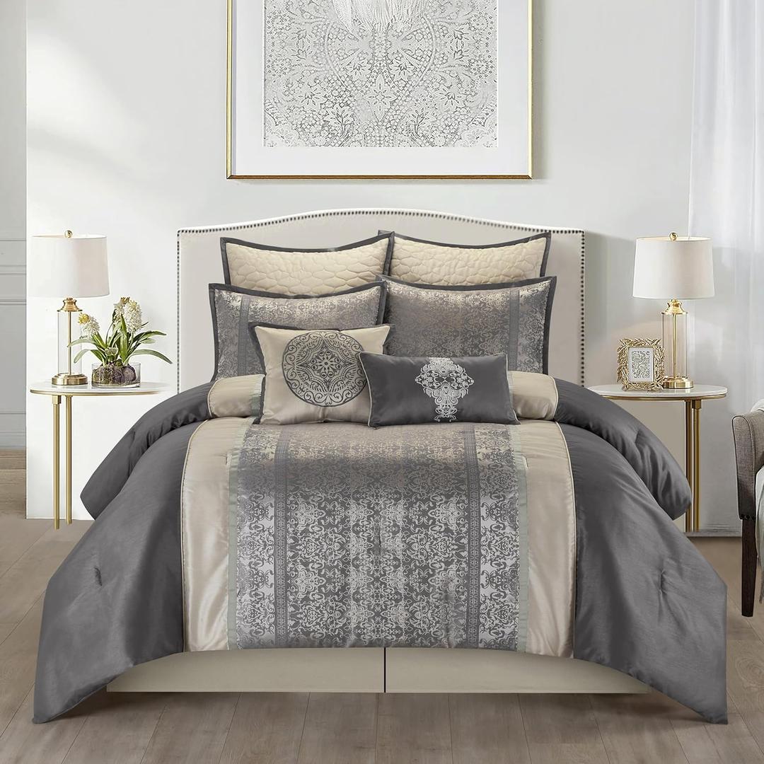 Stratford Park Silver/Ivory Damask Patchwork King Comforter Set, 8 Piece, Jacquard Pillow Sham, Bedskirt, Decorative Pillow, All Season Bedding Set