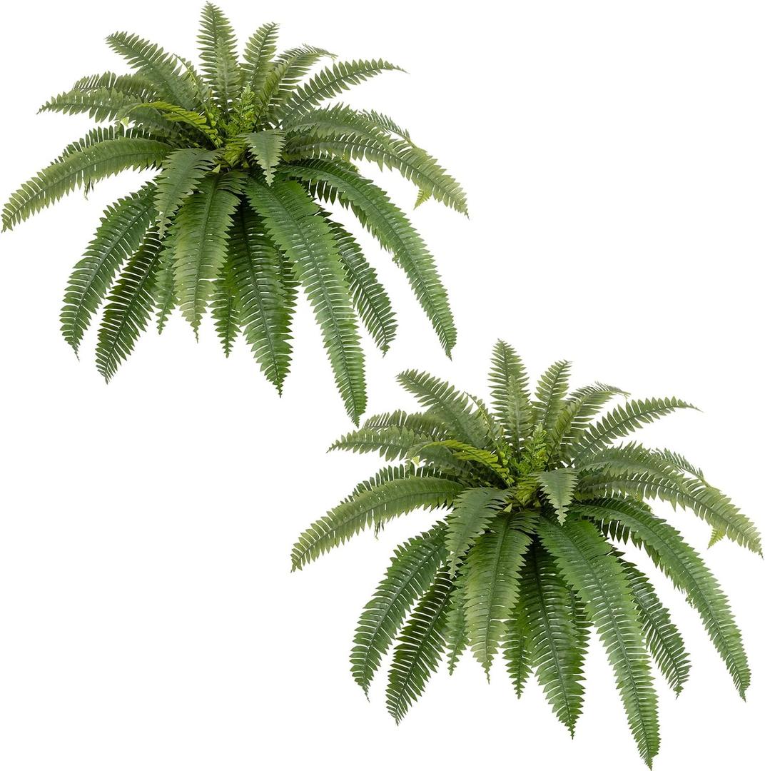 48in UV Resistant Artificial Ferns for Outdoors Large, Realistic Fake Boston Fern with Full Multiple Silk Fronds, Faux Boston Fern for Porch Outdoors, Garden or Hanging, 2 Pack