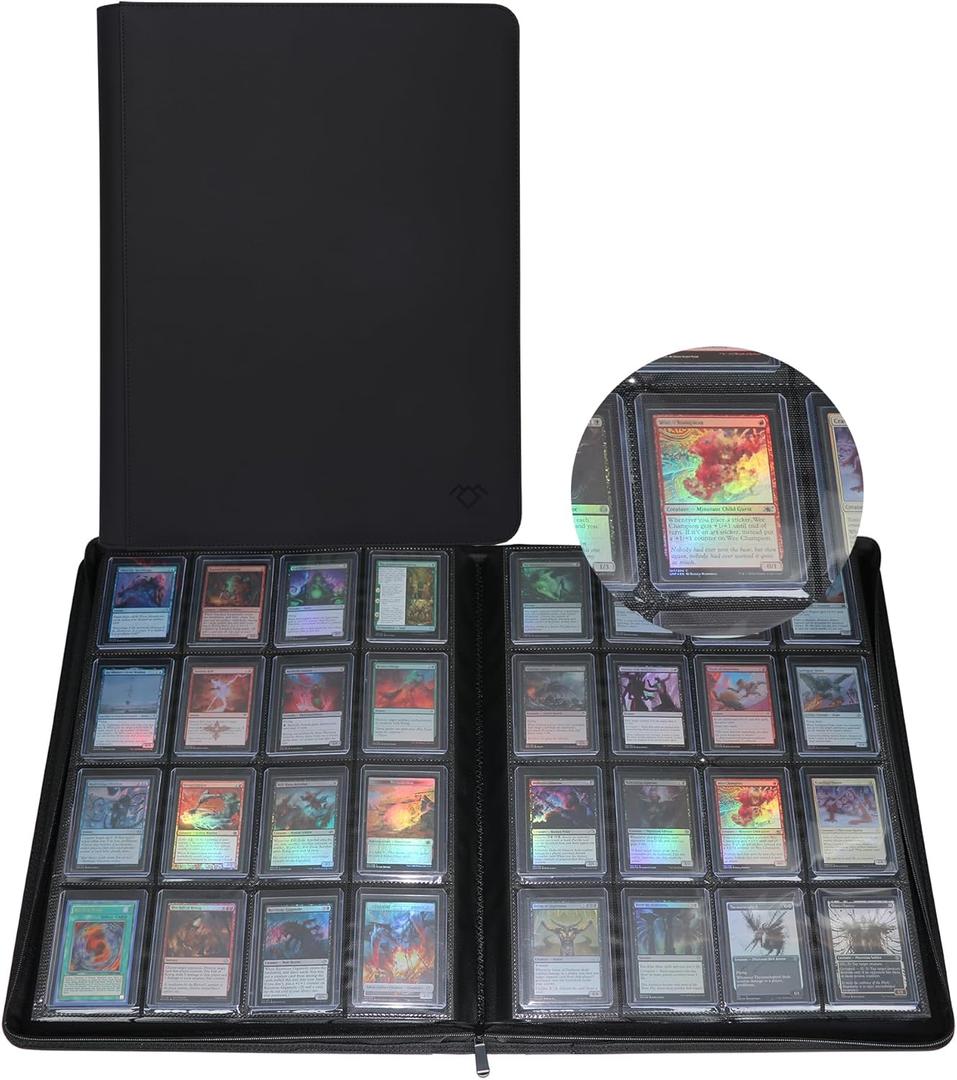 GrinOwl 16 Pocket Top loader Binder, Holds 640 Top Loaders, Large Top loader Card Binder with Sleeves for Cards in 3" x 4" Top loaders (Black)