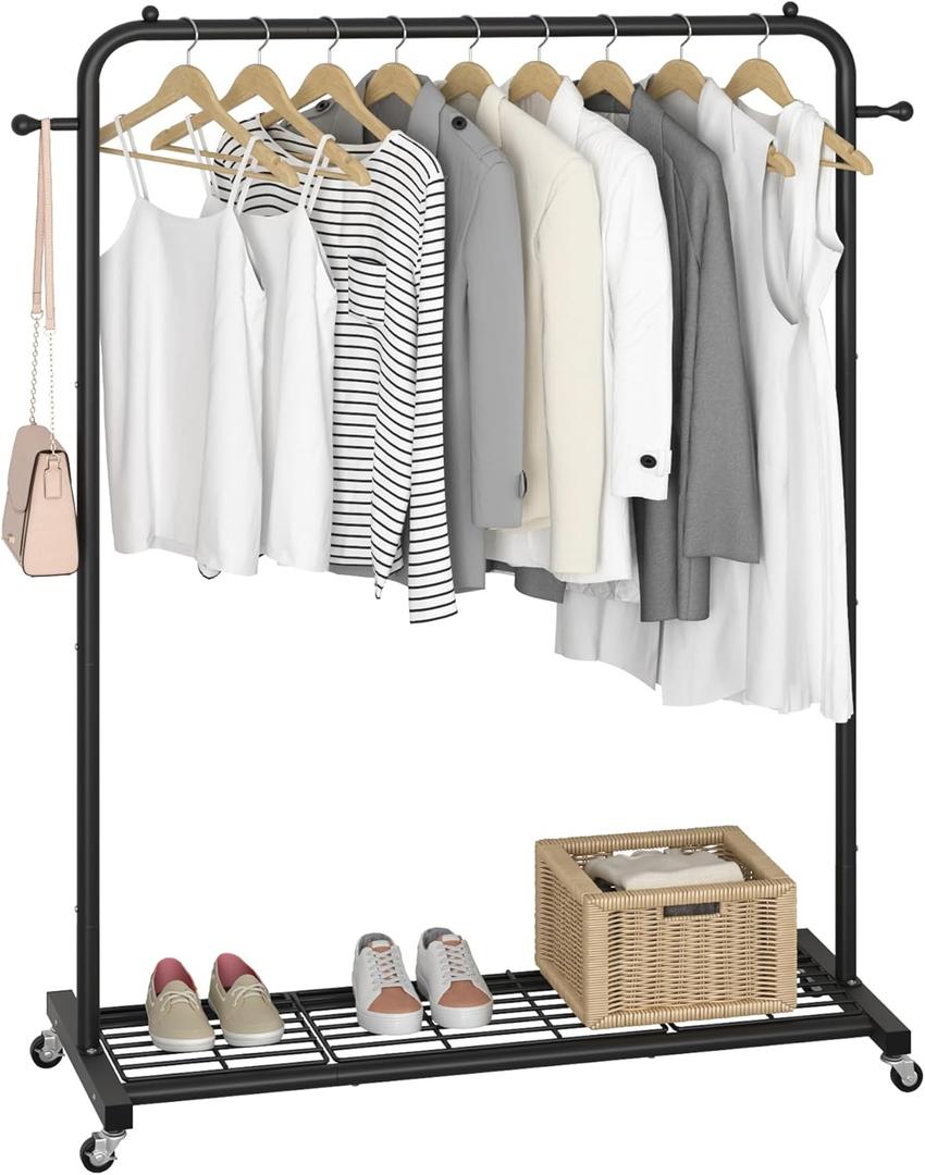 Sywhitta Clothing Rack on Wheels with Mesh Storage Shelf & Sturdy Metal Frame, Rolling Garment Rack for Hanging Clothes, Coats, Skirts, 39.76" L x 16" W x 64.56" H,Black