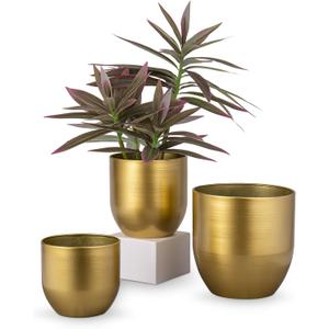 Briful Set of 3 Gold Galvanized Buckets Multi-Size Rustic Chic Metal Planters for Home Centerpieces Table Decorations, Farmhouse Garden Round Metal Pots for Flowers Plant Herb(4.7''/5.3''/6.5'')