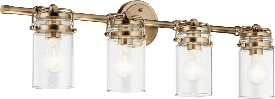 Kichler Brinley 4-Light Bathroom Vanity Light Fixture with Clear Glass in Champagne Bronze, Industrial Farmhouse Style for Mirror Lighting (32.5" x 10.25" x 6.75"), 45690CPZ, 32.25"
