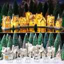 Kasyat 41 Pcs Christmas Village Set LED Lighted Christmas Village Accessories White Houses with Xmas Tree Deer Streetlight Figurines Crafts Town Scene